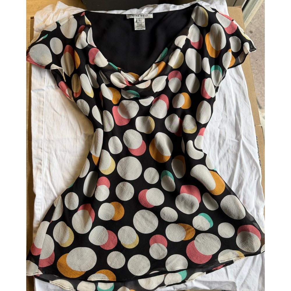 Vintage Nine West Y2K Silk Top Medium Black Colorful Polka Dot Cowl Neck Top